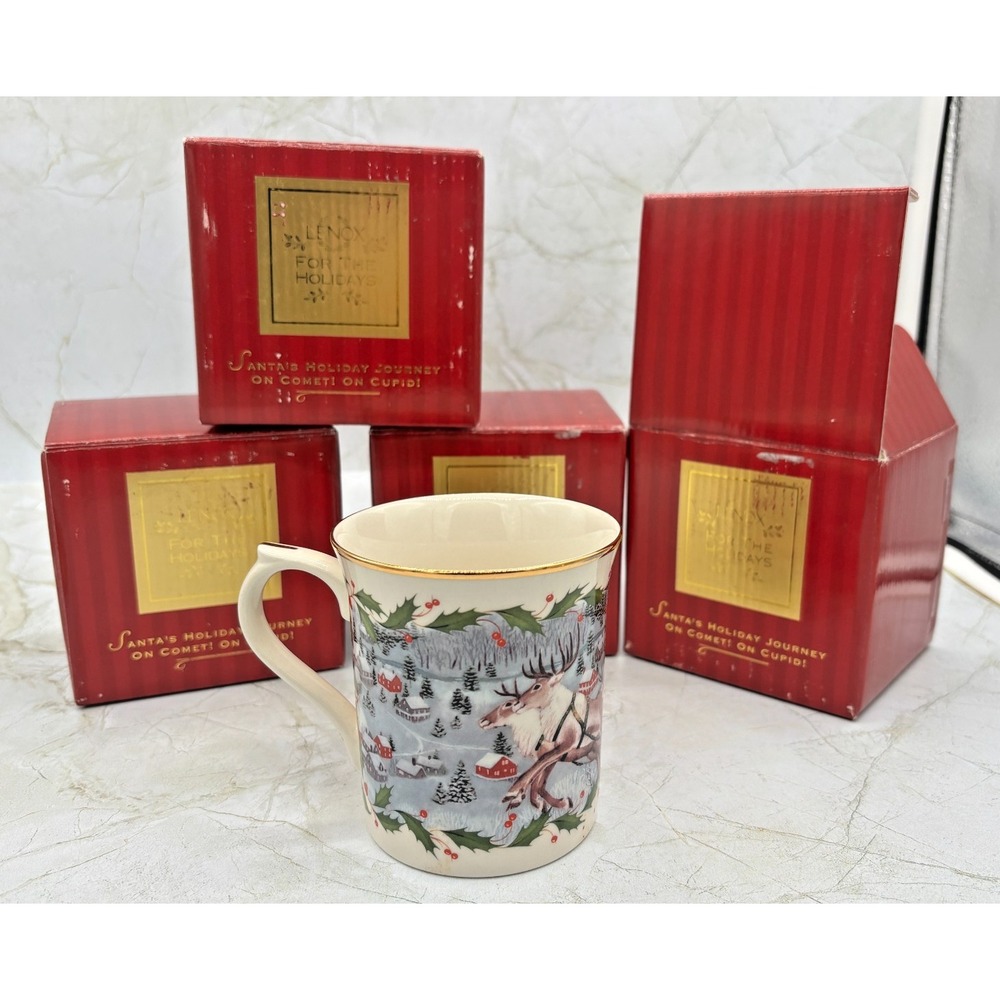 Lenox For the Holidays Bone China Cups 24Ktrim Santa Comet Cupid Christmas Qty 4